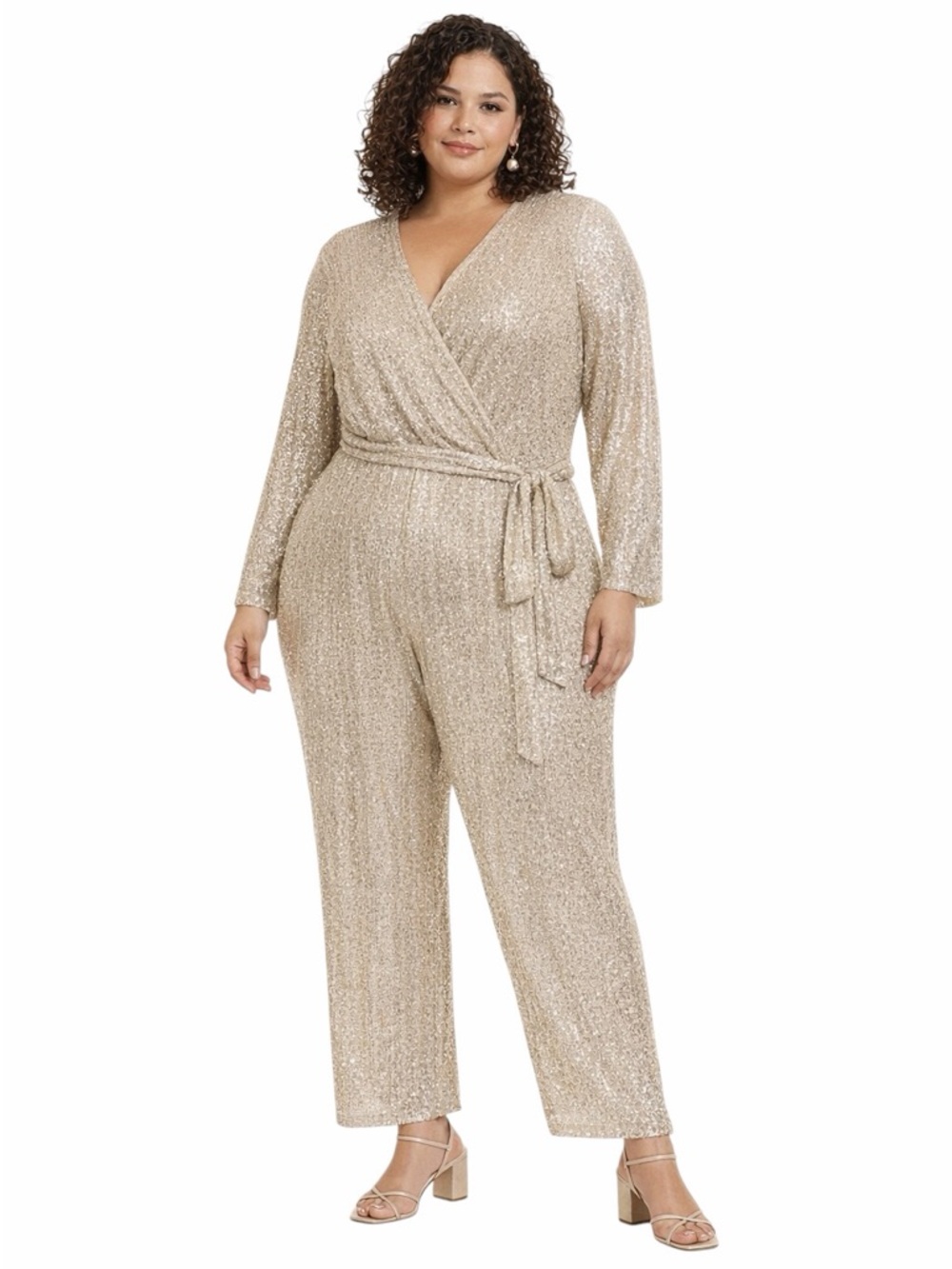 Eliza J Full Sequin Jumpsuit Wide Leg Beige Cocktail Formal plus size 18W